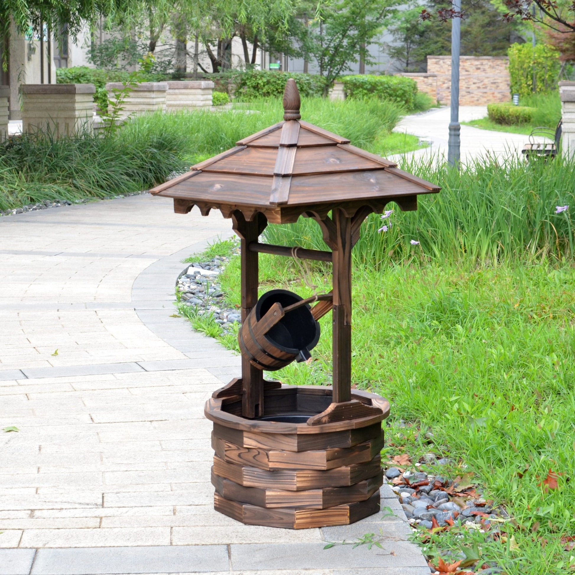 wooden garden water fountain with rustic barrel design

round outdoor fountain made of solid fir wood

vintage patio water feature with continuous water flow

backyard decor fountain with soothing water sound

rustic outdoor wooden barrel fountain placed in garden