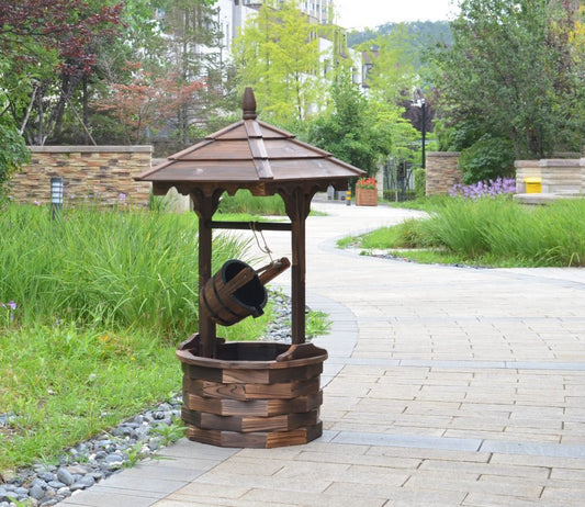 New Round Wooden Garden Water Fountain – Rustic Outdoor Patio Decor with Soothing Water Flow WWF52 - with | Sold by Uncle Wiener's Wholesale