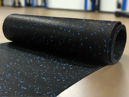 Rubber Gym Roll Flooring – Blue Speck Finish 3.28 ft x 32.80 ft
Rubber Gym Roll Flooring Installed in Fitness Studio
Black Rubber Roll Mat for Gym and Garage Floors
CrossFit Gym with Rubber Flooring Roll