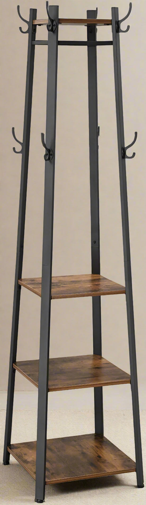 Rustic 3-shelf coat stand with black steel frame and wooden finish
Freestanding coat hanger with hooks and storage shelves for entryways
Industrial coat rack for home, office, or dorm use
Brown and black coat stand for modern rustic décor
Functional entryway storage stand with hanging and shelving options