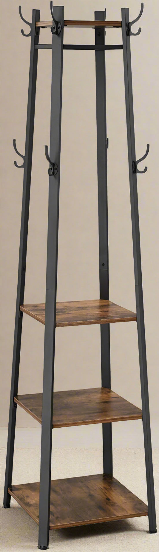 Rustic 3-shelf coat stand with black steel frame and wooden finish
Freestanding coat hanger with hooks and storage shelves for entryways
Industrial coat rack for home, office, or dorm use
Brown and black coat stand for modern rustic décor
Functional entryway storage stand with hanging and shelving options