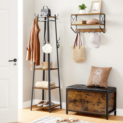 Rustic 3-shelf coat stand with black steel frame and wooden finish
Freestanding coat hanger with hooks and storage shelves for entryways
Industrial coat rack for home, office, or dorm use
Brown and black coat stand for modern rustic décor
Functional entryway storage stand with hanging and shelving options