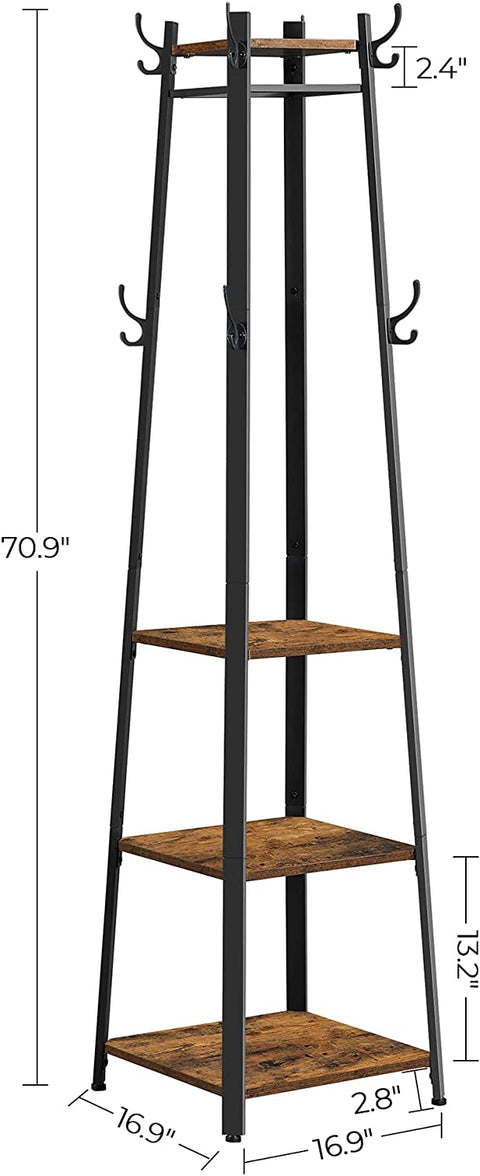 Rustic 3-shelf coat stand with black steel frame and wooden finish
Freestanding coat hanger with hooks and storage shelves for entryways
Industrial coat rack for home, office, or dorm use
Brown and black coat stand for modern rustic décor
Functional entryway storage stand with hanging and shelving options