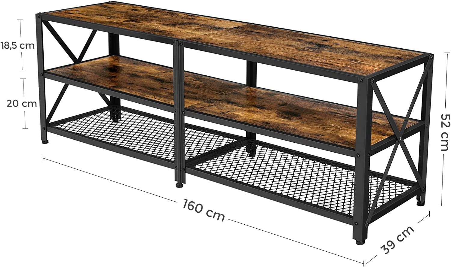 Rustic industrial 3-tier TV stand with black frame
70 inch TV stand with wood shelves
Entertainment center for 75" TVs
TV console with dual open storage tiers
Modern farmhouse TV stand with metal legs
