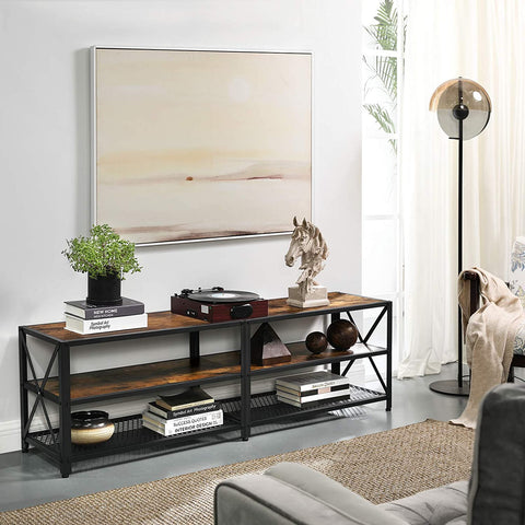 Rustic industrial 3-tier TV stand with black frame
70 inch TV stand with wood shelves
Entertainment center for 75" TVs
TV console with dual open storage tiers
Modern farmhouse TV stand with metal legs