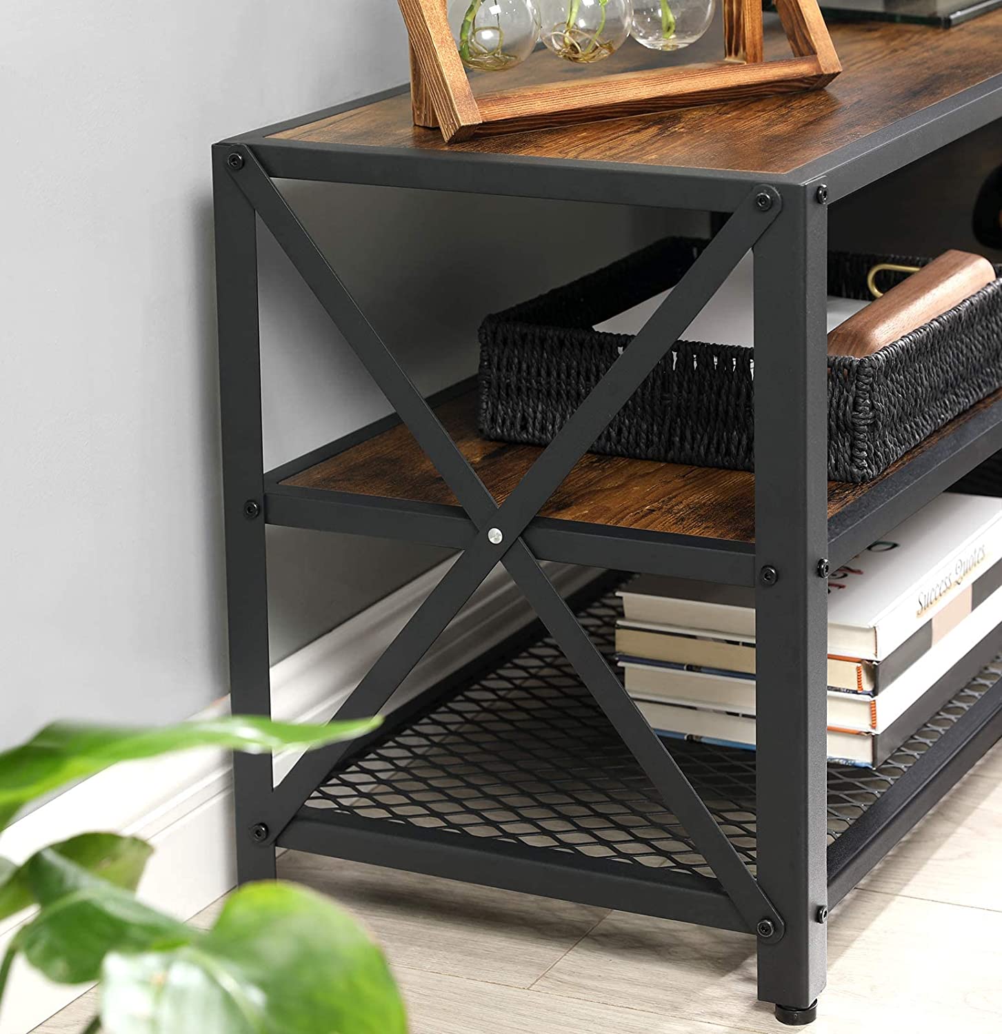 Rustic industrial 3-tier TV stand with black frame
70 inch TV stand with wood shelves
Entertainment center for 75" TVs
TV console with dual open storage tiers
Modern farmhouse TV stand with metal legs