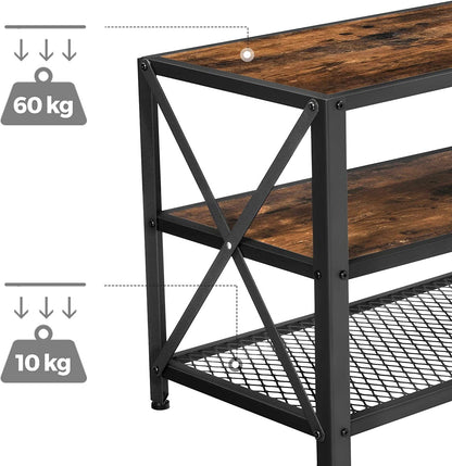 Rustic industrial 3-tier TV stand with black frame
70 inch TV stand with wood shelves
Entertainment center for 75" TVs
TV console with dual open storage tiers
Modern farmhouse TV stand with metal legs