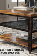 "Rustic 3-tier square coffee table with farmhouse wood finish and black metal frame – Model S3079"