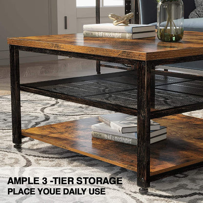 "Rustic 3-tier square coffee table with farmhouse wood finish and black metal frame – Model S3079"
