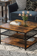 "Rustic 3-tier square coffee table with farmhouse wood finish and black metal frame – Model S3079"