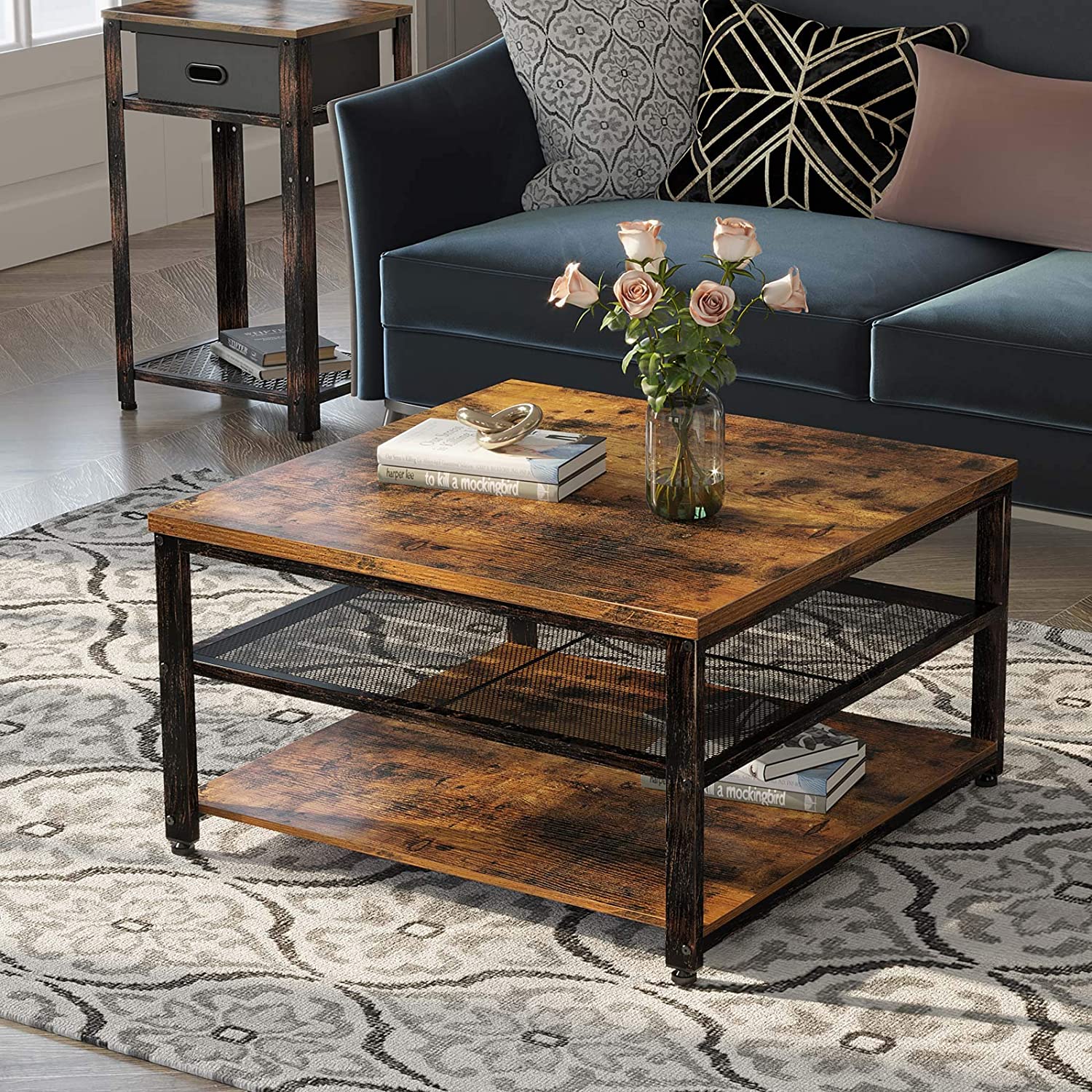 "Rustic 3-tier square coffee table with farmhouse wood finish and black metal frame – Model S3079"