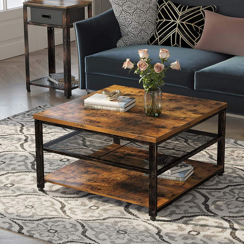 "Rustic 3-tier square coffee table with farmhouse wood finish and black metal frame – Model S3079"