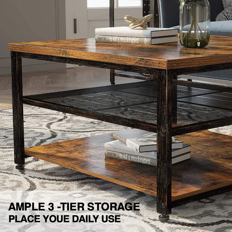 "Rustic 3-tier square coffee table with farmhouse wood finish and black metal frame – Model S3079"