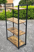 "4-tier industrial bookshelf with rustic brown wood shelves and steel frame – Model LBS2102"