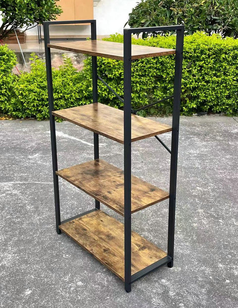 "4-tier industrial bookshelf with rustic brown wood shelves and steel frame – Model LBS2102"