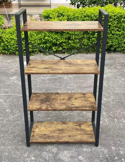"4-tier industrial bookshelf with rustic brown wood shelves and steel frame – Model LBS2102"