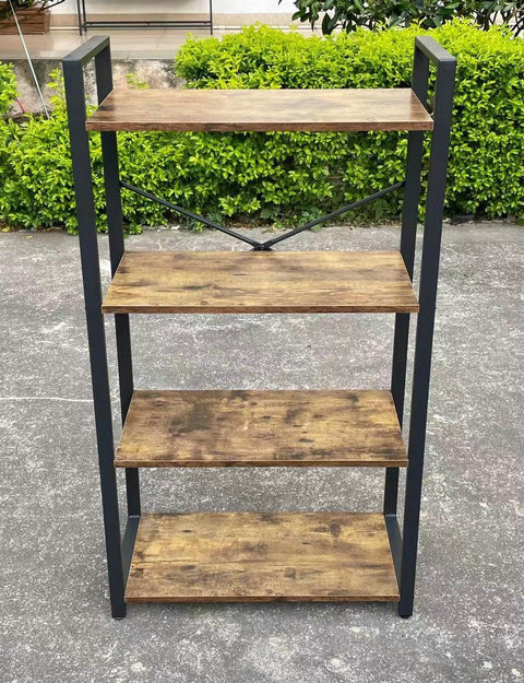 "4-tier industrial bookshelf with rustic brown wood shelves and steel frame – Model LBS2102"