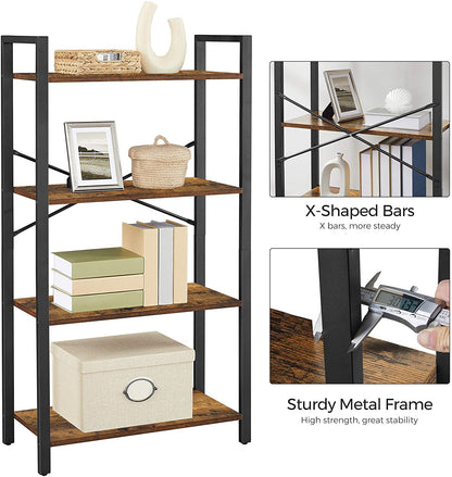 "4-tier industrial bookshelf with rustic brown wood shelves and steel frame – Model LBS2102"