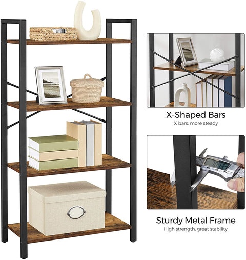 "4-tier industrial bookshelf with rustic brown wood shelves and steel frame – Model LBS2102"