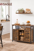 Rustic buffet cabinet with two louvered doors and adjustable shelves
Brown sideboard with open storage compartments and steel legs
Side view of rustic farmhouse cabinet in living room
Top surface of buffet cabinet styled with dishes and decor
Inside view of adjustable shelves and storage compartments