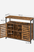 Rustic buffet cabinet with two louvered doors and adjustable shelves
Brown sideboard with open storage compartments and steel legs
Side view of rustic farmhouse cabinet in living room
Top surface of buffet cabinet styled with dishes and decor
Inside view of adjustable shelves and storage compartments