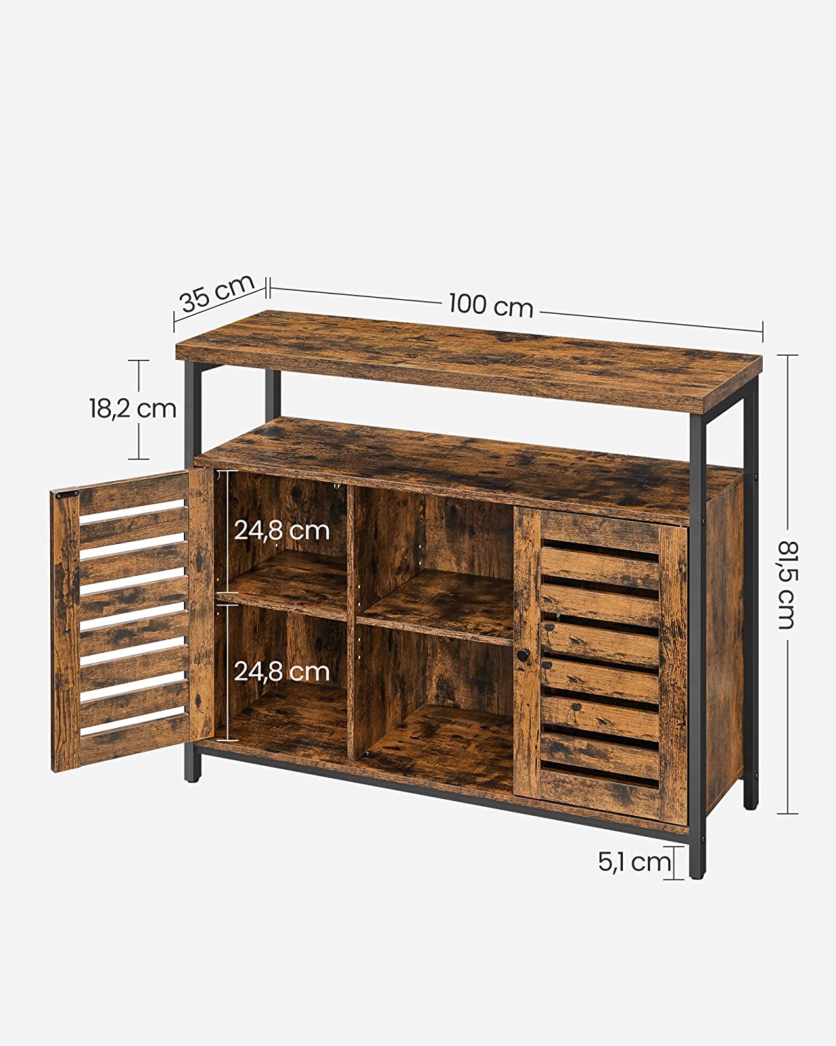 Rustic buffet cabinet with two louvered doors and adjustable shelves
Brown sideboard with open storage compartments and steel legs
Side view of rustic farmhouse cabinet in living room
Top surface of buffet cabinet styled with dishes and decor
Inside view of adjustable shelves and storage compartments