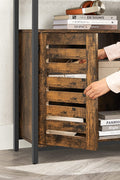 Rustic buffet cabinet with two louvered doors and adjustable shelves
Brown sideboard with open storage compartments and steel legs
Side view of rustic farmhouse cabinet in living room
Top surface of buffet cabinet styled with dishes and decor
Inside view of adjustable shelves and storage compartments