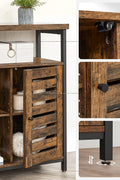 Rustic buffet cabinet with two louvered doors and adjustable shelves
Brown sideboard with open storage compartments and steel legs
Side view of rustic farmhouse cabinet in living room
Top surface of buffet cabinet styled with dishes and decor
Inside view of adjustable shelves and storage compartments