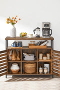 Rustic buffet cabinet with two louvered doors and adjustable shelves
Brown sideboard with open storage compartments and steel legs
Side view of rustic farmhouse cabinet in living room
Top surface of buffet cabinet styled with dishes and decor
Inside view of adjustable shelves and storage compartments