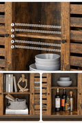 Rustic buffet cabinet with two louvered doors and adjustable shelves
Brown sideboard with open storage compartments and steel legs
Side view of rustic farmhouse cabinet in living room
Top surface of buffet cabinet styled with dishes and decor
Inside view of adjustable shelves and storage compartments
