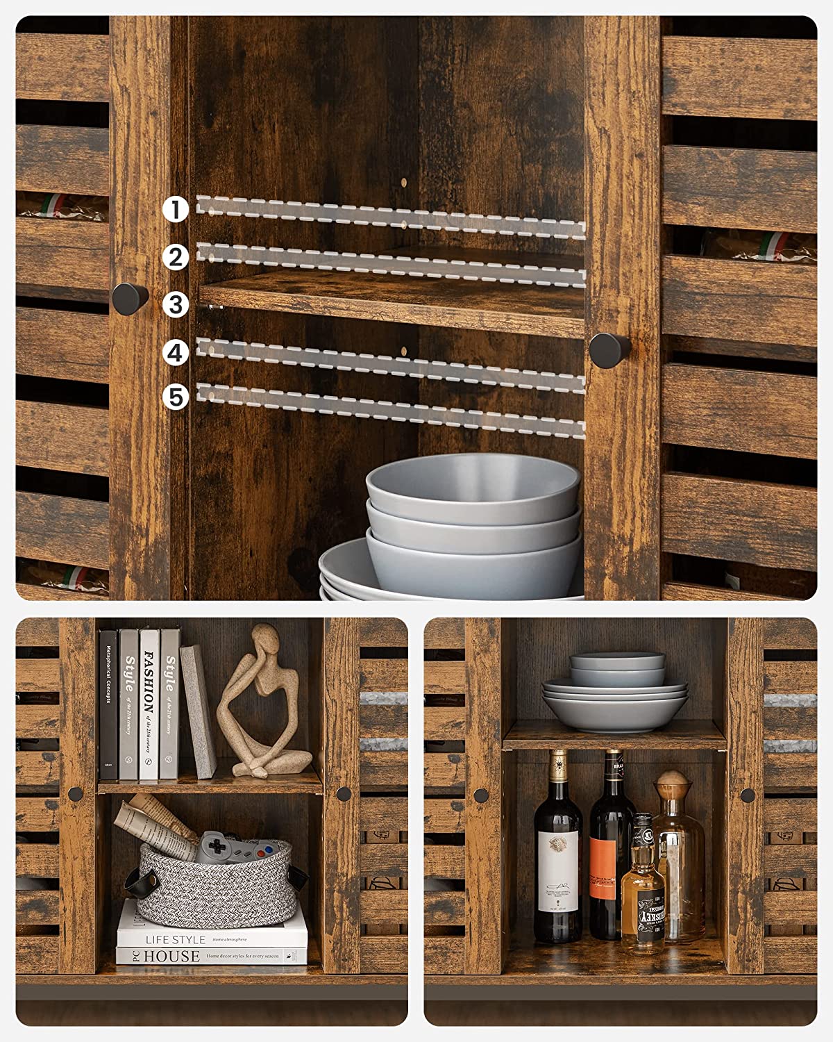 Rustic buffet cabinet with two louvered doors and adjustable shelves
Brown sideboard with open storage compartments and steel legs
Side view of rustic farmhouse cabinet in living room
Top surface of buffet cabinet styled with dishes and decor
Inside view of adjustable shelves and storage compartments