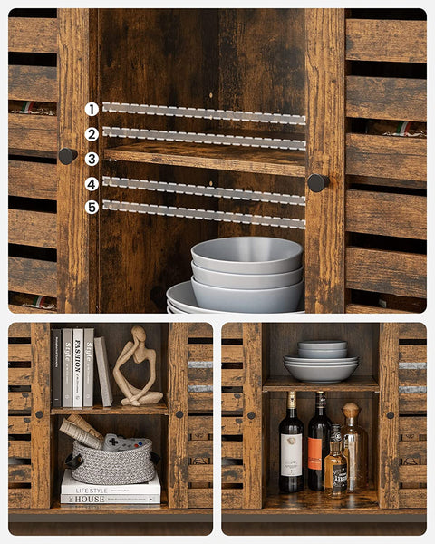 Rustic buffet cabinet with two louvered doors and adjustable shelves
Brown sideboard with open storage compartments and steel legs
Side view of rustic farmhouse cabinet in living room
Top surface of buffet cabinet styled with dishes and decor
Inside view of adjustable shelves and storage compartments