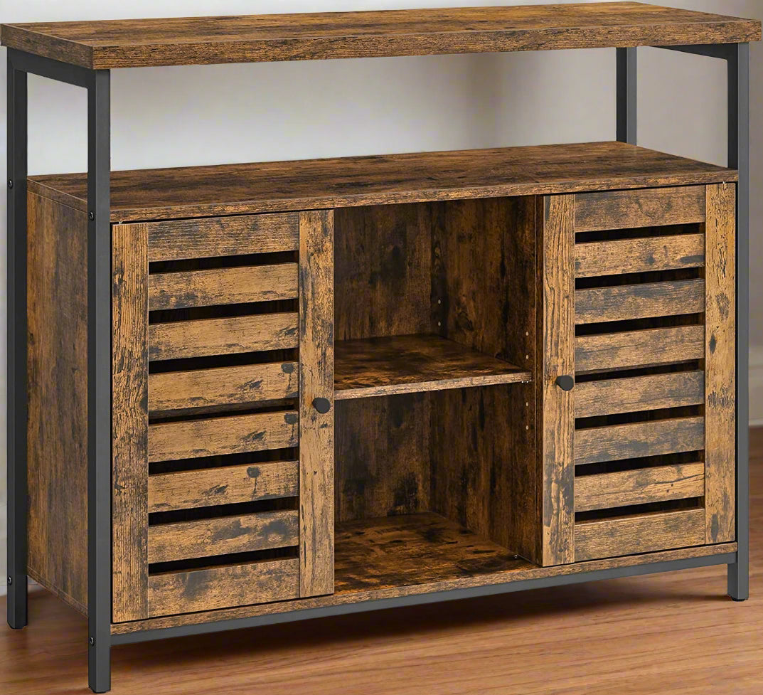 Rustic buffet cabinet with two louvered doors and adjustable shelves
Brown sideboard with open storage compartments and steel legs
Side view of rustic farmhouse cabinet in living room
Top surface of buffet cabinet styled with dishes and decor
Inside view of adjustable shelves and storage compartments