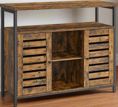 Rustic buffet cabinet with two louvered doors and adjustable shelves
Brown sideboard with open storage compartments and steel legs
Side view of rustic farmhouse cabinet in living room
Top surface of buffet cabinet styled with dishes and decor
Inside view of adjustable shelves and storage compartments