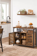 Rustic buffet cabinet with two louvered doors and adjustable shelves
Brown sideboard with open storage compartments and steel legs
Side view of rustic farmhouse cabinet in living room
Top surface of buffet cabinet styled with dishes and decor
Inside view of adjustable shelves and storage compartments