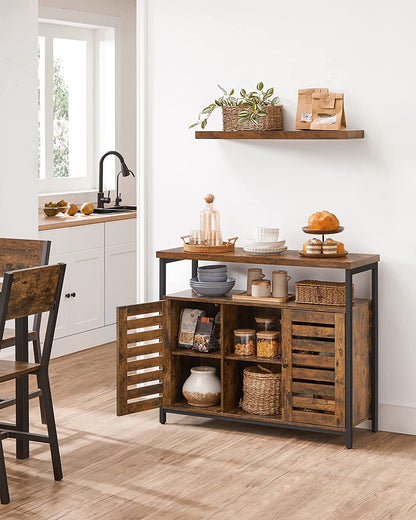 Rustic buffet cabinet with two louvered doors and adjustable shelves
Brown sideboard with open storage compartments and steel legs
Side view of rustic farmhouse cabinet in living room
Top surface of buffet cabinet styled with dishes and decor
Inside view of adjustable shelves and storage compartments