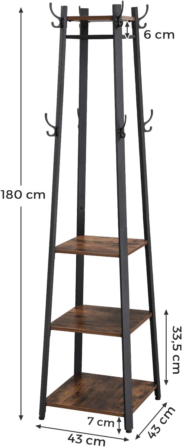 Rustic 3-Tier Ladder Coat Rack with Hooks – Industrial Entryway Organizer with Wood Shelves and Brown Metal Frame