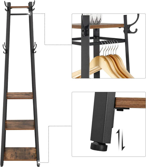 Rustic 3-Tier Ladder Coat Rack with Hooks – Industrial Entryway Organizer with Wood Shelves and Brown Metal Frame