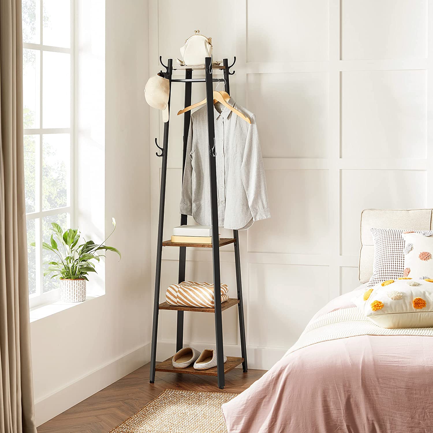 Rustic 3-Tier Ladder Coat Rack with Hooks – Industrial Entryway Organizer with Wood Shelves and Brown Metal Frame