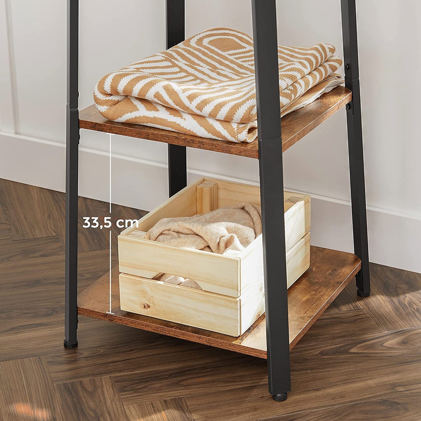 Rustic 3-Tier Ladder Coat Rack with Hooks – Industrial Entryway Organizer with Wood Shelves and Brown Metal Frame