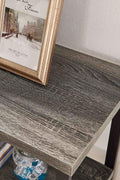 "Rustic 3-tier console table with wood-look MDF shelves and black steel frame, ideal for entryway or living room storage"
