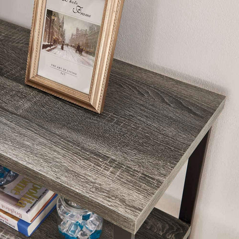 "Rustic 3-tier console table with wood-look MDF shelves and black steel frame, ideal for entryway or living room storage"