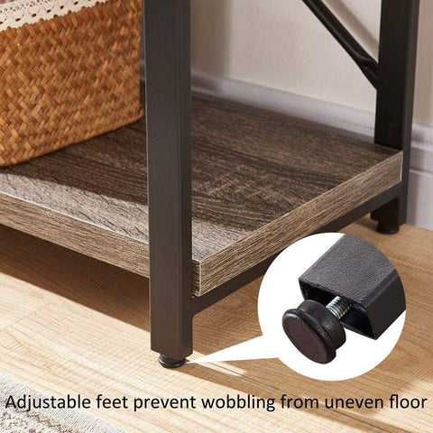 "Rustic 3-tier console table with wood-look MDF shelves and black steel frame, ideal for entryway or living room storage"