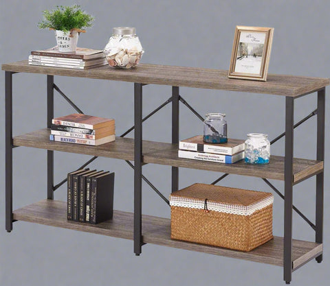 "Rustic 3-tier console table with wood-look MDF shelves and black steel frame, ideal for entryway or living room storage"