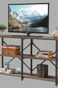 "Rustic 3-tier console table with wood-look MDF shelves and black steel frame, ideal for entryway or living room storage"