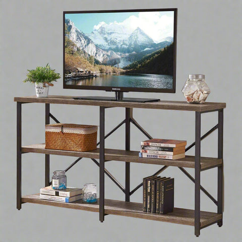 "Rustic 3-tier console table with wood-look MDF shelves and black steel frame, ideal for entryway or living room storage"