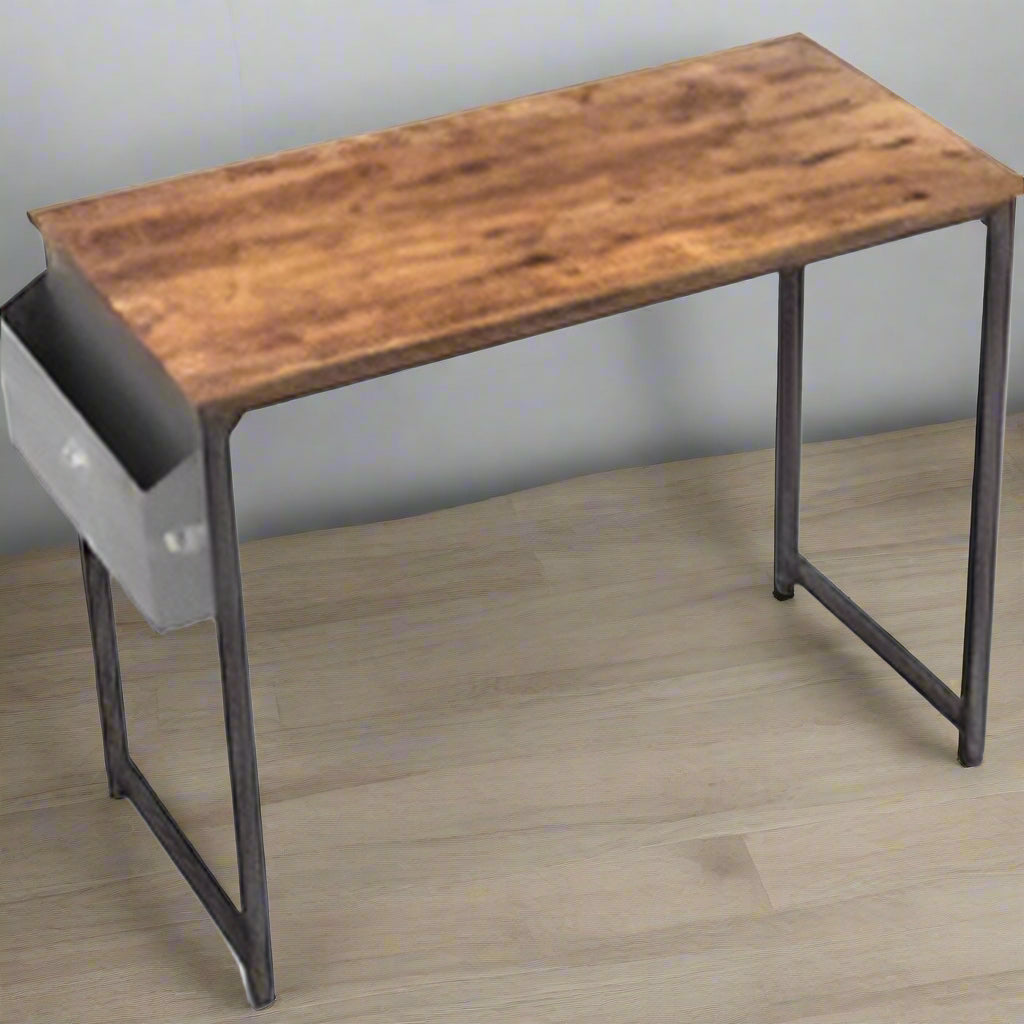 Rustic industrial computer desk with metal frame and storage hook – TLD003
Compact wood top desk with bag holder and steel legs – Model TLD003