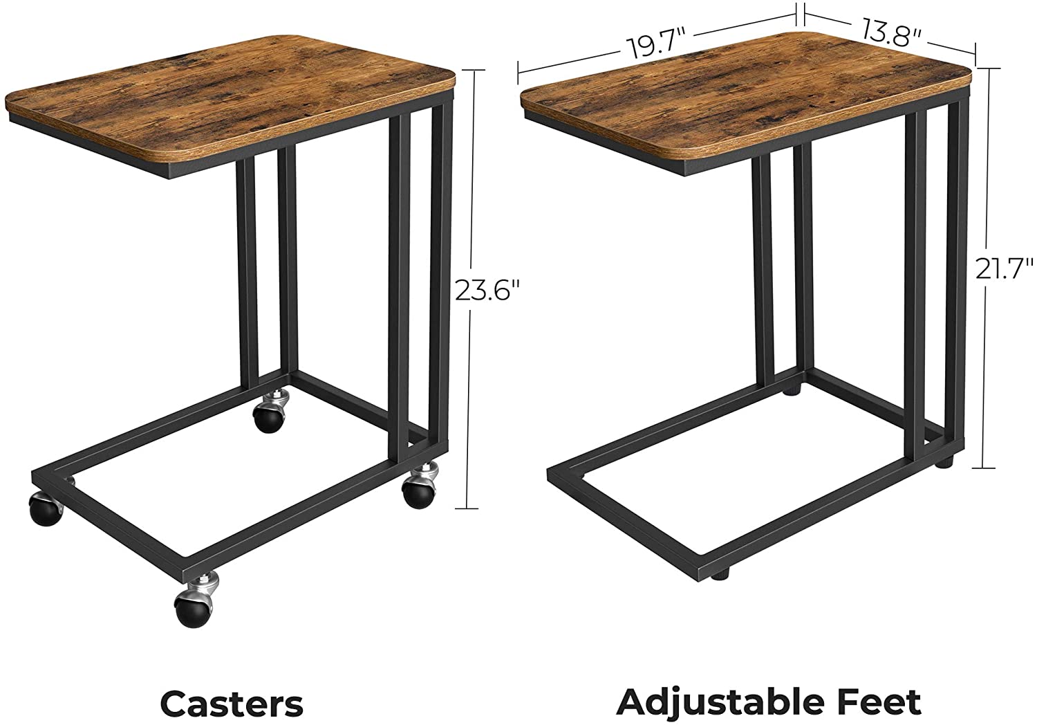 Rustic side table with laptop on top near sofa
Rolling wood TV tray with black metal legs
End table with wheels next to couch
Industrial-style side table for laptop and coffee