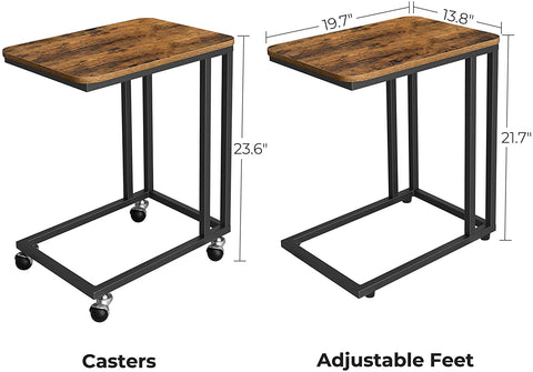 Rustic side table with laptop on top near sofa
Rolling wood TV tray with black metal legs
End table with wheels next to couch
Industrial-style side table for laptop and coffee
