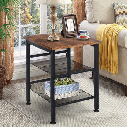 Rustic end tables in a cozy living room setting with sofa and lamp

Side View: Square wood top table with black mesh shelf

Angled View: Rustic wood and black metal table with adjustable shelf

Front View: Front profile of industrial end table with wood top and mesh shelf

Top View: Close-up of wood grain tabletop with rounded edges